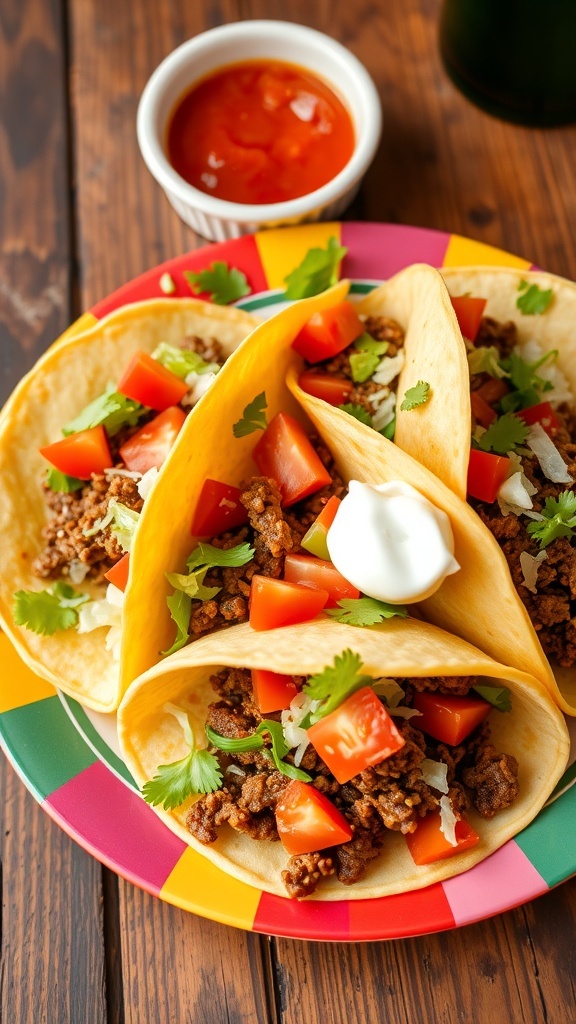 A plate of beef tacos with lettuce, tomatoes, and cheese, served with salsa and sour cream on a wooden table.